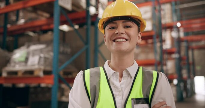 Logistics, warehouse and portrait of happy woman with confidence in inventory, inspection or distribution. Smile, face and girl in factory for quality control, trust and pride in global export safety