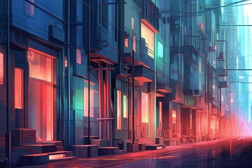 A modern city at night with neon lights
