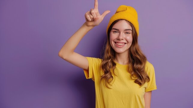 Full body photo of young administrator woman in yellow t shirt show double thumbs up respect you isolated on purple color background
