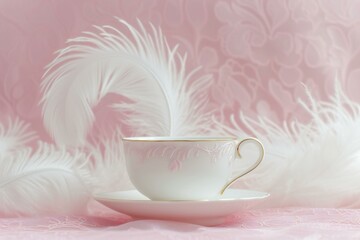 Cup of tea with white feathers on a background of pink lace