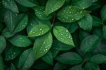 Green leaves background with water drops,  Natural green background with copy space