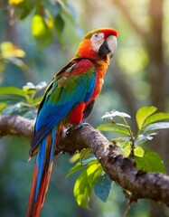 Colorful parrot perched on branch in forest