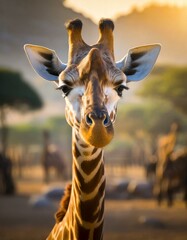 Giraffe with blurred safari background, low light - obrazy, fototapety, plakaty