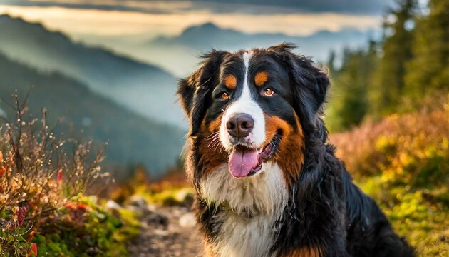 adorable picture of a Bernese mountain dog in a hiking trail outdoor setting