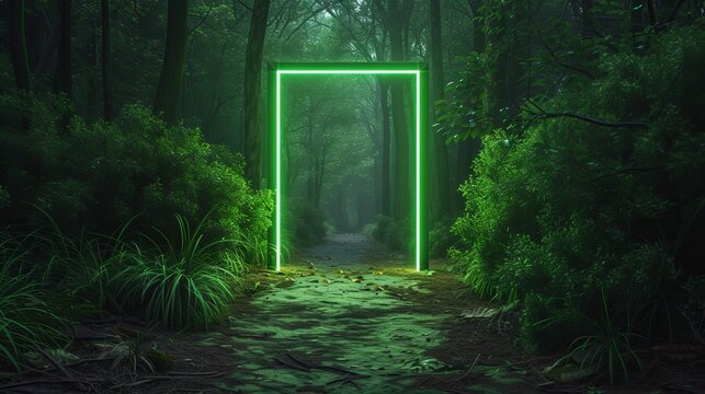 A neon green rectangular frame, illuminating a dark forest path, casting an otherworldly glow on the surrounding trees. - Powered by Adobe