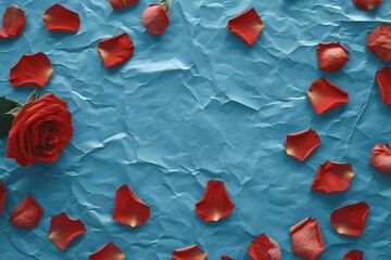 Red rose petals on blue paper background,  Flat lay, top view