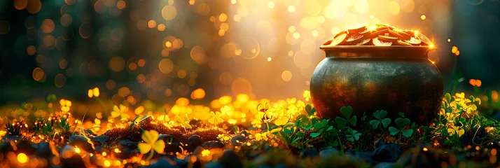 Fotobehang A golden pot full of coins on a dark green background. The glitter of gold coins. The symbol of the holiday is St. Patrick's Day. A template for the design of a postcard or banner. © Elena