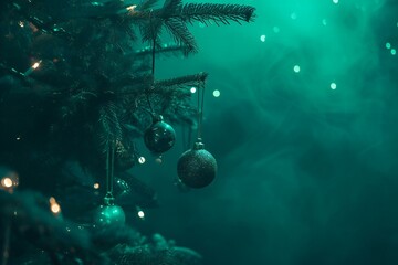 Christmas tree with decorations and garland on a dark green background - obrazy, fototapety, plakaty