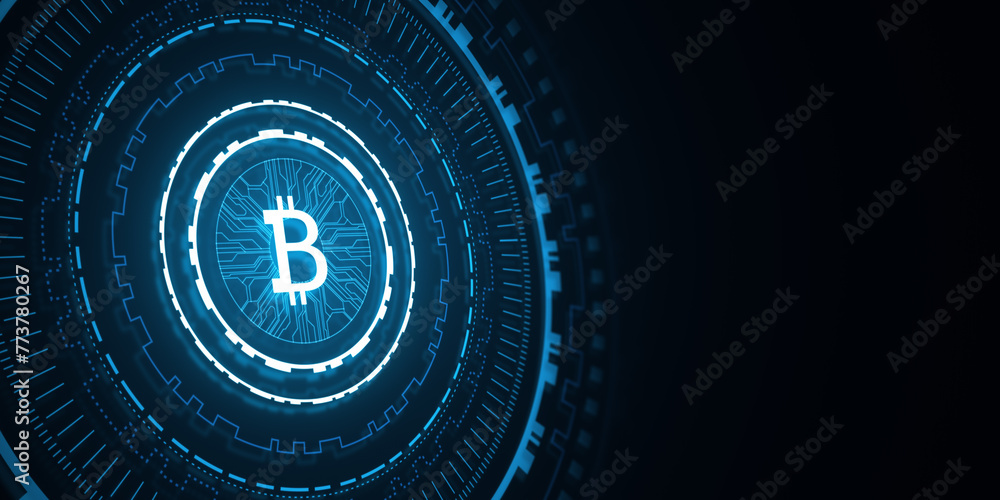 Poster Creative glowing round bitcoin hologram on dark background with mock up place. Cryptocurrency and finance concept. 3D Rendering. 3D Rendering.