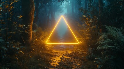 A radiant lemon-yellow neon triangle, positioned in the middle of a dark, overgrown jungle path, adding a touch of modernity to the wild landscape.