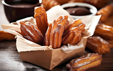 Traditional Spanish churros with sugar and hot chocolate sauce on a wooden table with a blurred background. Front view.