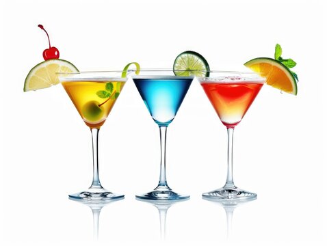 Three martinis with different colored drinks and garnishes