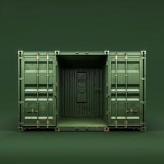 clay shipping container with doors ajar revealing goods inside