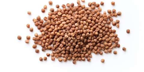 A pile of brown nuts on a white background
