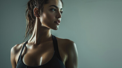 A woman with a black tank top and ponytail is standing in front of a wall - obrazy, fototapety, plakaty