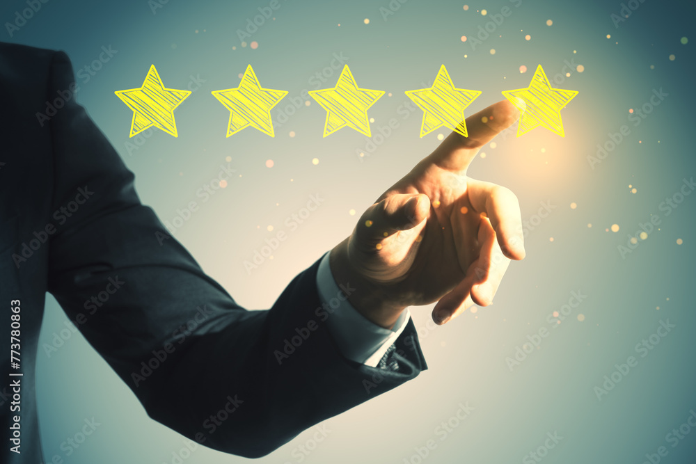 Poster close up of man hand pointing at 5 star rating on blurry background. customer service and excellent 