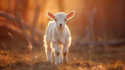 Cute Lamb on Meadow at Sunrise