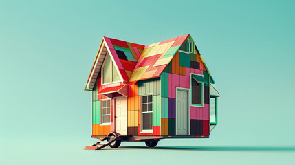 A 3D Max tiny house with a vibrant, geometric gabled roof, presented against a pale turquoise background to highlight its playful, innovative character.