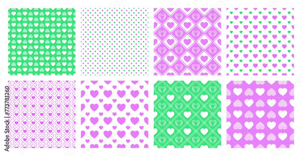 Poster spring seamless pattern set. cute love hearts and dots vector repeated textures. easter simple backg
