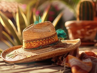 A straw hat with a blue and green ribbon sits on a table next to a potted plant