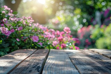 A wooden table with a view of a garden full of pink flowers