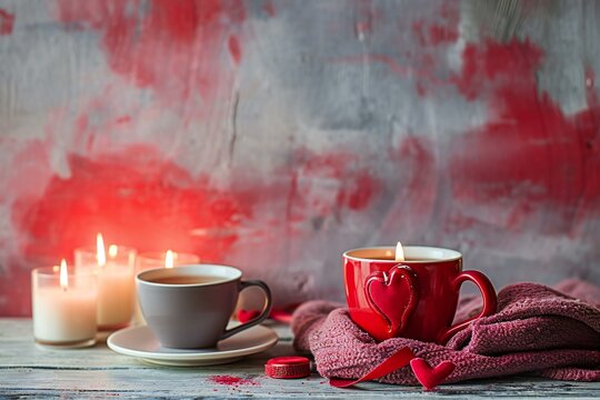 Valentine's day background with two cups of coffee, candles and plaid on a wooden table