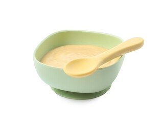Tasty baby food in bowl and spoon isolated on white
