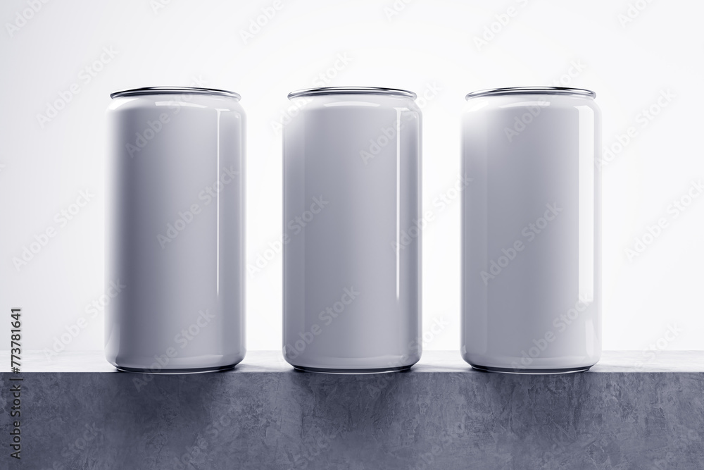 Poster Three empty white drink cans on light background with mock up place. Beverage and food ad concept. 3D Rendering.