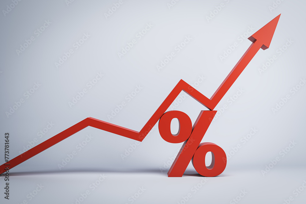 Poster Increasing percentage icon on concrete background. Red arrow and percent sign. 3D Rendering.
