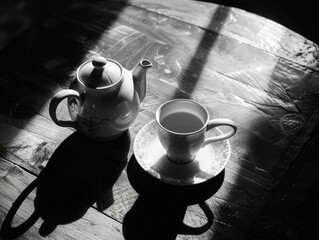A teapot and a cup sit on a table, with the teapot casting a shadow on the table - Powered by Adobe