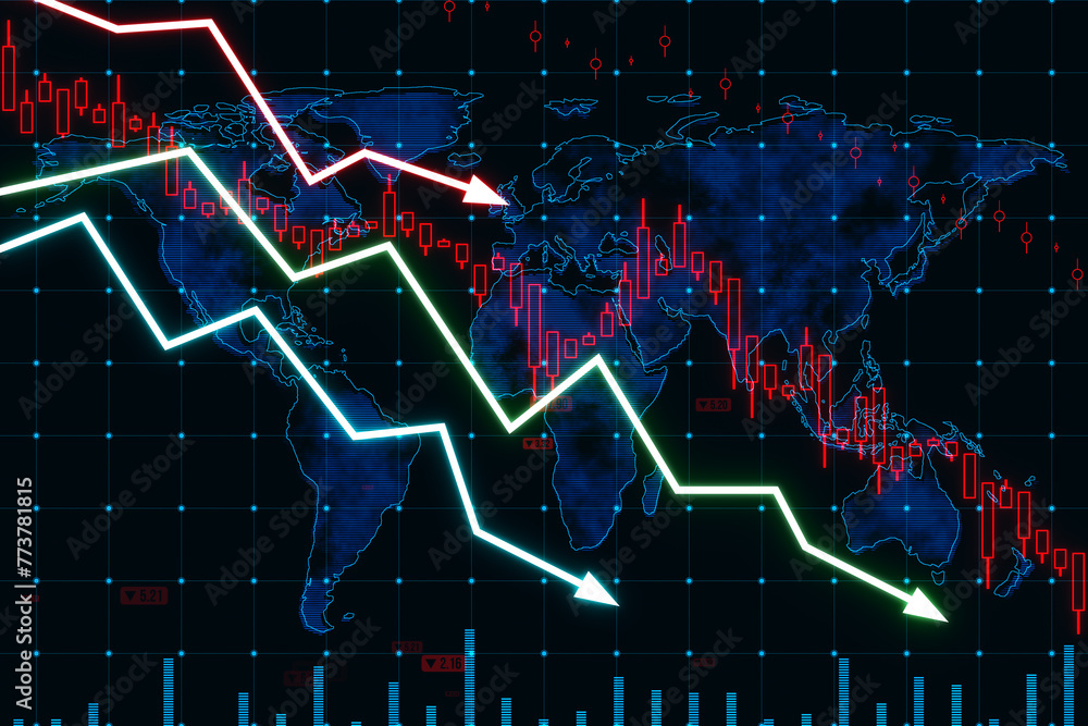 Poster a digital illustration of a financial crisis concept with falling graphs on a world map background, 