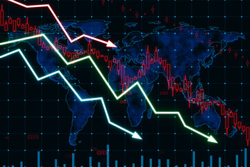 A digital illustration of a financial crisis concept with falling graphs on a world map background, symbolizing a market downturn. 3D Rendering - obrazy, fototapety, plakaty