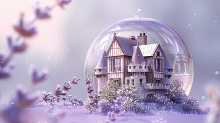 A 3D Max small French chateau encapsulated in a glass globe, set against a soft lavender background.