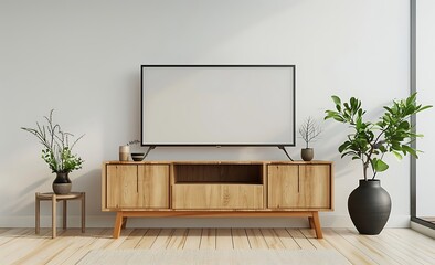 Surprisingly simple modern TV stand with a blank screen in a white room