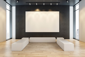 Contemporary gallery space with large white poster frame on dark wall. 3D Rendering