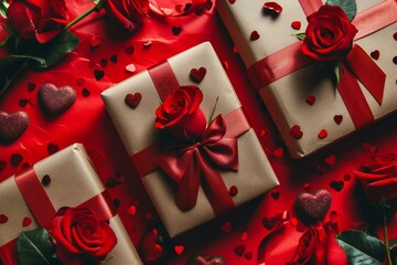 Valentines day background,  Red roses and gift boxes on red background,  Flat lay, top view