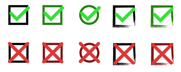 Checkmarks and X icons in various square and round frames.
Vector icons check mark and cross