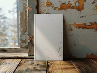 A white book is sitting on a wooden table next to a window. AI.