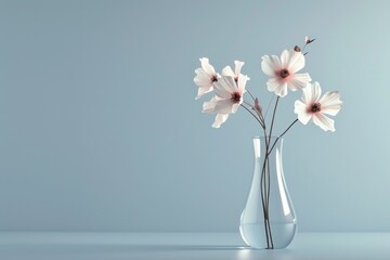 A vase of flowers sits on a table in front of a blue wall
