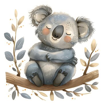 This heartwarming illustration depicts a koala cub nestled comfortably within a beautifully botanical nest, for nursery or children's book cover decor.