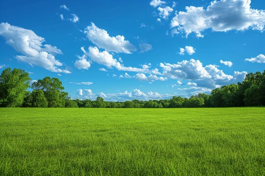 Field of green grass and blue sky with white clouds, nature background