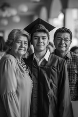 Obraz premium A man and a woman are standing next to a young man wearing a graduation cap