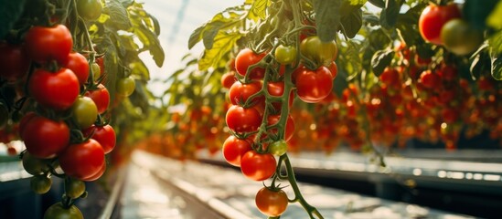 Ripe red tomatoes are planted and flourishing in a greenhouse, basking in the warm rays of sunlight
