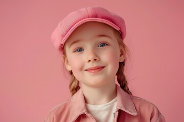 Smiling Girl with Pink Cap on Rose Background. Generative AI. - Powered by Adobe