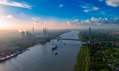 Aerial Photography of Scenery of Minpu Bridge in Shanghai, China
