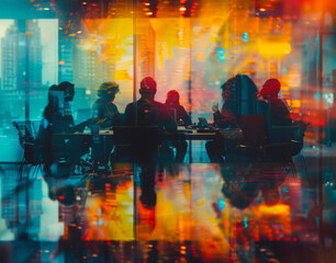 Abstract, boardroom or background with double exposure effect for brainstorming, collaboration and business. Illustration, lights and sunset cityscape wallpaper for corporate, marketing or teamwork