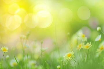 Spring meadow with flowers and bokeh lights,  Nature background