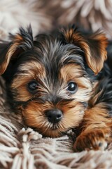 A small brown and black dog is laying on a blanket