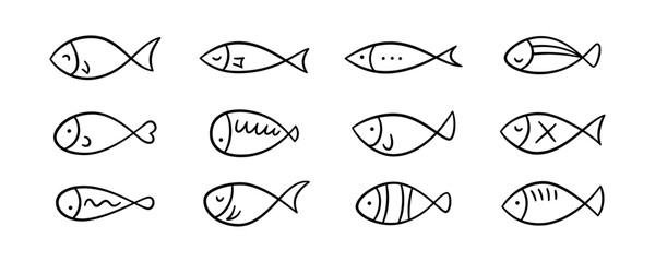 Doodle fish icons set. Hand drawn sea fish collection. Children sketch drawing. Line art. Vector illustration isolated on white background.