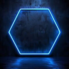 A wide, luminous neon frame in electric blue, forming a bold pentagon shape, set against an ultra-dark, simple background, radiating a powerful cyberpunk vibe